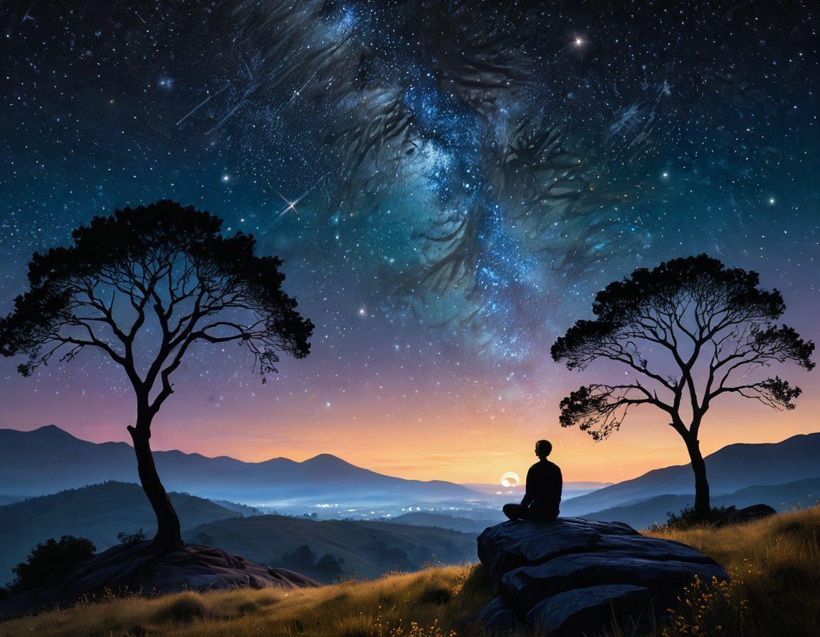 A serene night sky filled with shimmering stars, a silhouette of a contemplative figure sitting on a hill, gazing up with a gentle smile. Soft beams of light radiating from a cluster of constellations, symbolizing hope and insight. A warm, calming palette blending deep blues and warm yellows. surrealism. vibrant colors. 3D.