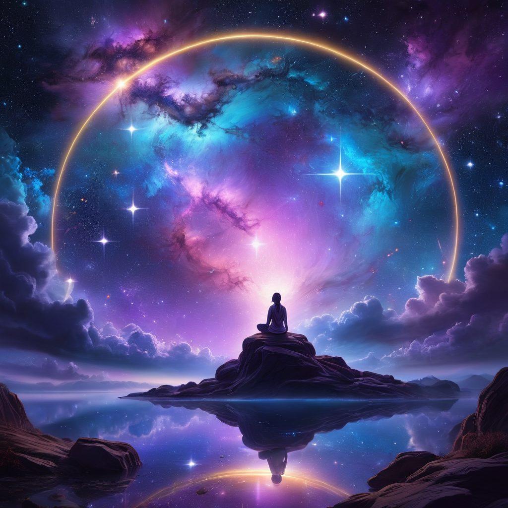 A cosmic landscape depicting a tranquil soul floating amidst celestial bodies, with stars and galaxies illuminating a soothing aura. Wisps of melancholic blue and purple clouds intertwine with golden constellations, symbolizing emotional healing. Astrological symbols subtly emerge from the cosmic backdrop, radiating wisdom. The scene captures a harmony between introspection and celestial guidance. vibrant colors. cosmic art.