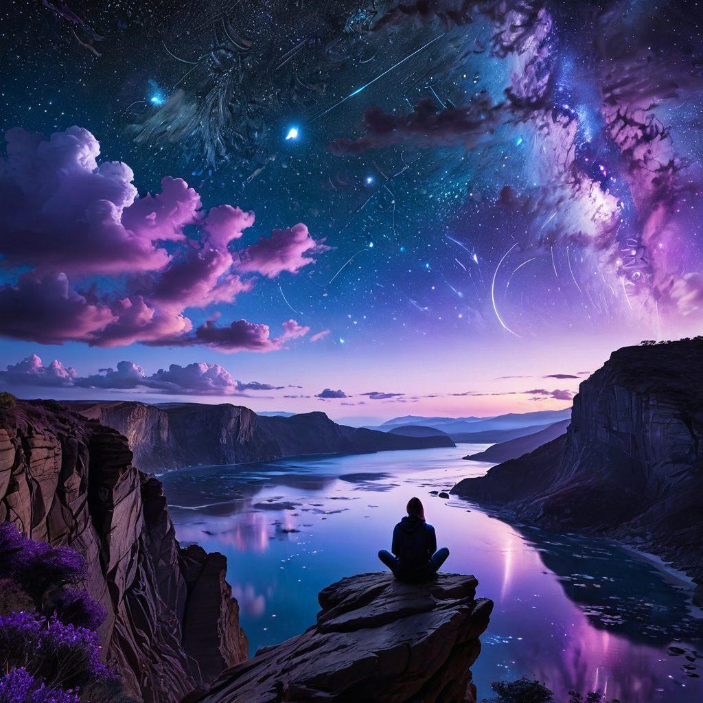 A serene night sky filled with twinkling stars, showcasing a luminous constellations map intertwined with melancholic emotions represented by soft, flowing clouds in shades of blue and purple. A reflective figure standing on a cliff gazing upwards, symbolizing introspection and connection with the cosmos. Incorporate delicate astrological symbols floating gently in the air. super-realistic. vibrant colors. dreamy atmosphere.